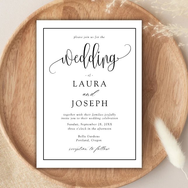 Invitation Mariage Élégant Classique Noir et Blanc (Elegant script black and white wedding invitation sets a timeless romantic tone with your details)