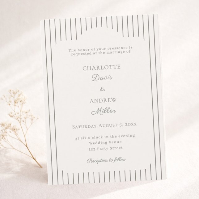 Invitation Mariage élégant classique rayé taupe ivoire (Créateur téléchargé)