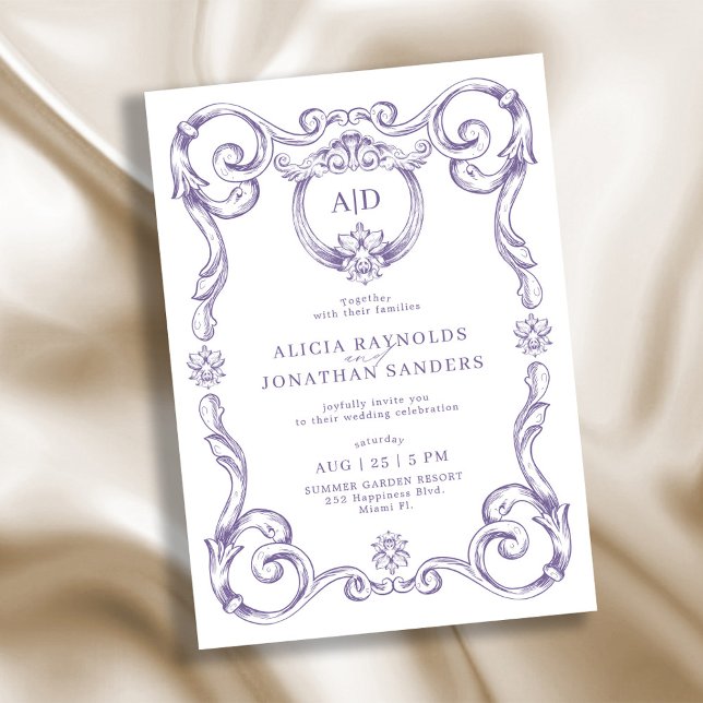 Invitation Mariage élégant classique rococo monogramme lavand (Créateur téléchargé)