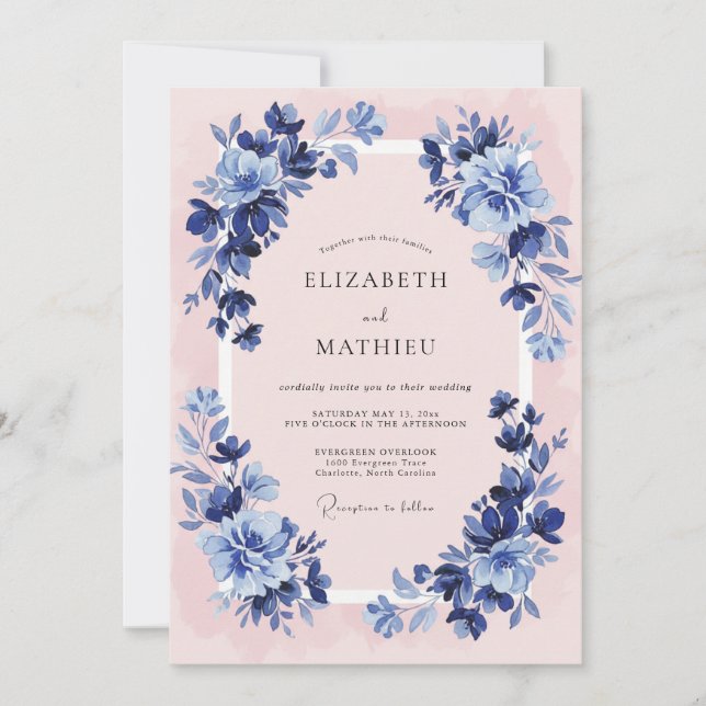 Invitation Mariage Élégant Classique Rose Navy (Devant)