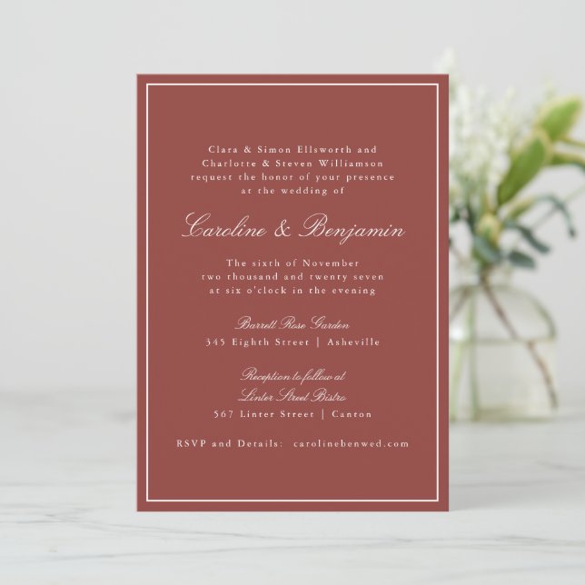 Invitation Mariage Élégant Classique Rouge Rouille Script (Debout devant)