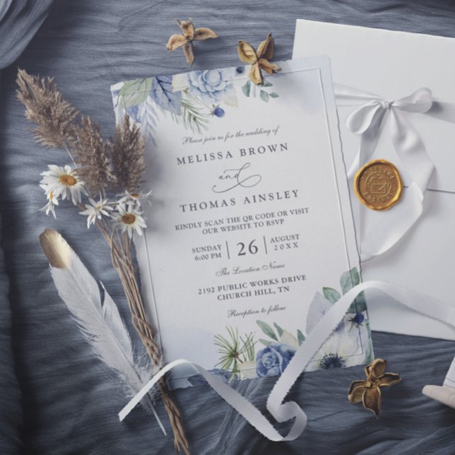 Invitation Mariage élégant code QR aquarelle bleu-vert (Créateur téléchargé)