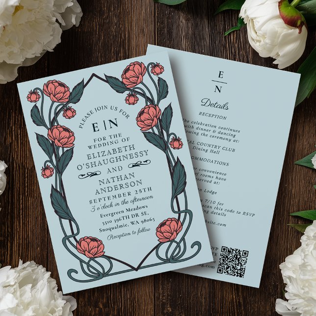 Invitation Mariage élégant code QR Art nouveau Pink Peony (Créateur téléchargé)