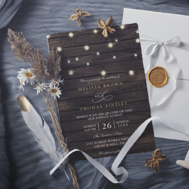 Invitation Mariage Élégant Code QR Bois de Grange Chic Rustiq (Créateur téléchargé)