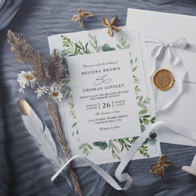 Invitation Mariage Élégant Code QR Botanique Rustique Verdure (Créateur téléchargé)