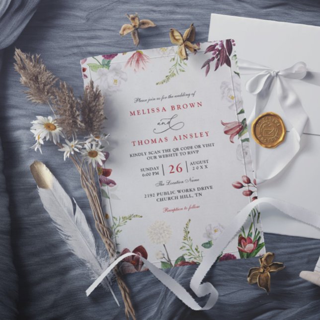 Invitation Mariage Élégant Code QR Floral Moderne Bourgogne (Créateur téléchargé)