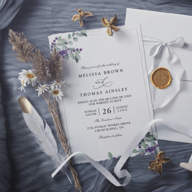 Invitation Mariage Élégant Code QR Floral Moderne Lavande (Créateur téléchargé)