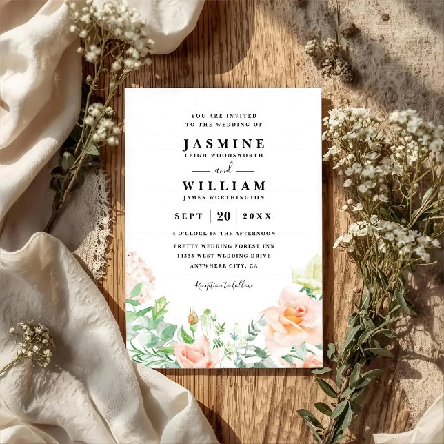 Invitation Mariage Élégant Code QR Floral Pêche et Verdure (Créateur téléchargé)