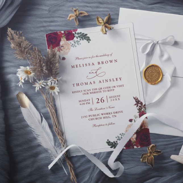Invitation Mariage Élégant Code QR Floral Rouge-Bourgogne Ros (Créateur téléchargé)