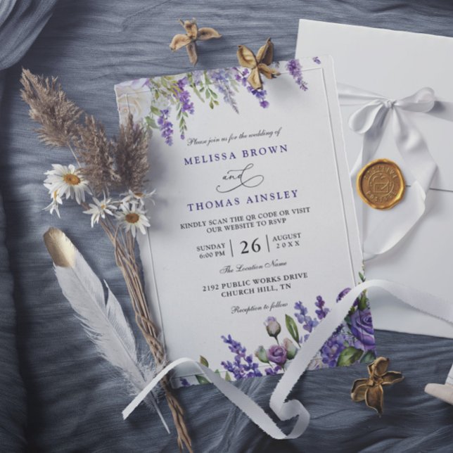 Invitation Mariage élégant code QR lavande violet clair (Créateur téléchargé)