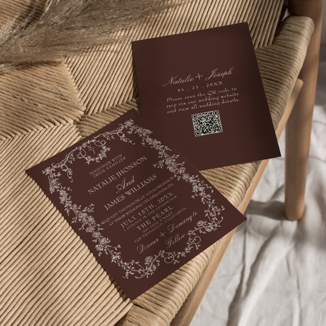 Invitation Mariage élégant code QR marron chocolat floral chi (Créateur téléchargé)