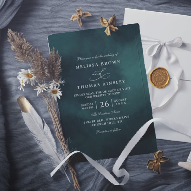 Invitation Mariage élégant code QR monogramme vert émeraude (Créateur téléchargé)