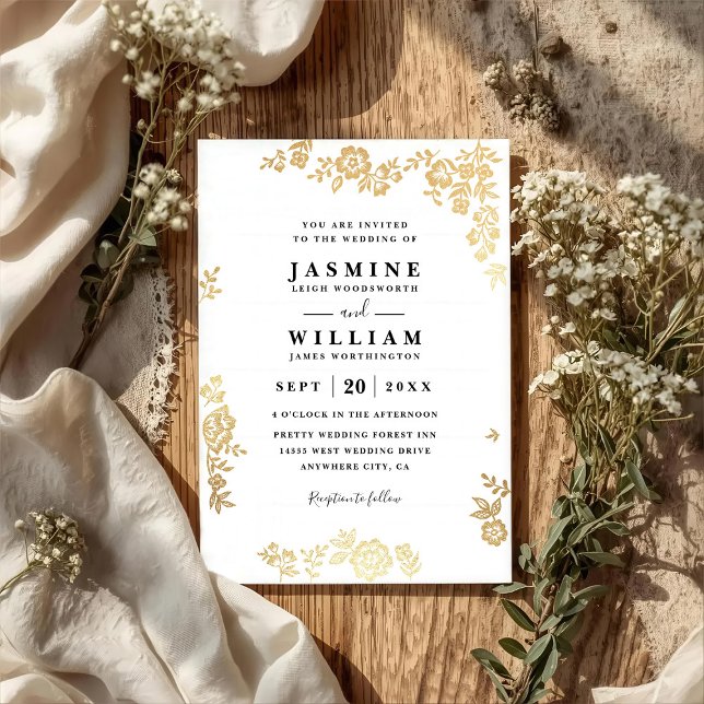 Invitation Mariage Élégant Code QR Or Rustique Fleurs Dentell (Créateur téléchargé)