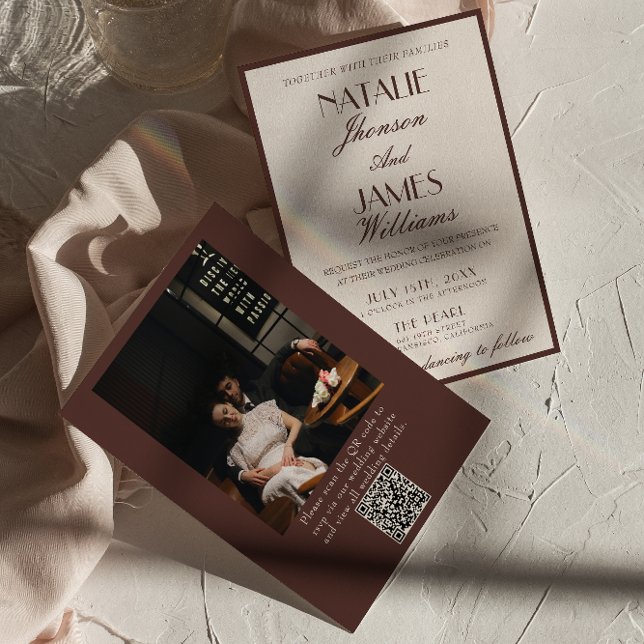Invitation Mariage élégant Code QR Photo Chocolat Brun de Lux (Créateur téléchargé)