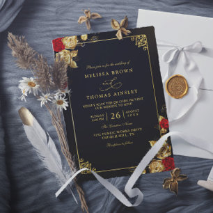 Invitation Mariage élégant code QR rouge or et noir de luxe