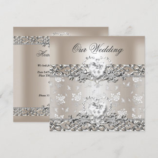 Invitation Mariage Élégant Cœur de Diamant Argent Crème