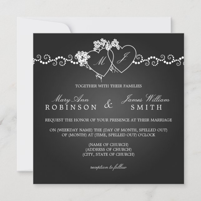 Invitation Mariage élégant Coeurs monogrammes Noir (Devant)