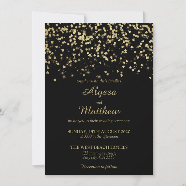 Invitation Mariage élégant Confetti de luxe Noir et Or (Devant)