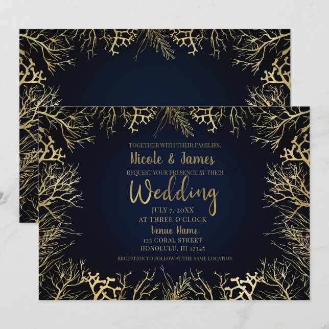 Invitation Mariage Élégant Corail Or et Bleu Nuit (Devant / Derrière)