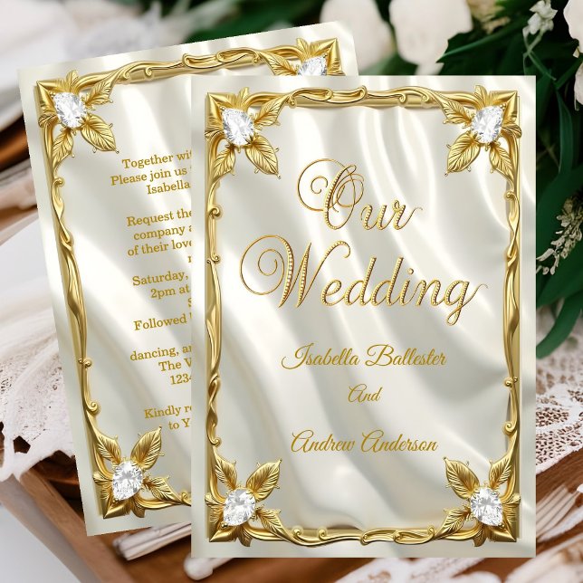 Invitation Mariage élégant Crème Blanc Faux Soie Or Diamant (Créateur téléchargé)