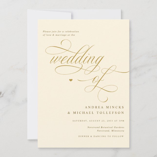 Invitation Mariage Élégant Crème et Or Calligraphie (Devant)
