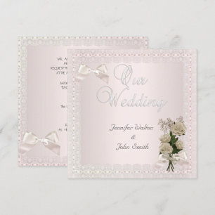 Invitation Mariage Élégant Crème Rose Lace Nœud Rose