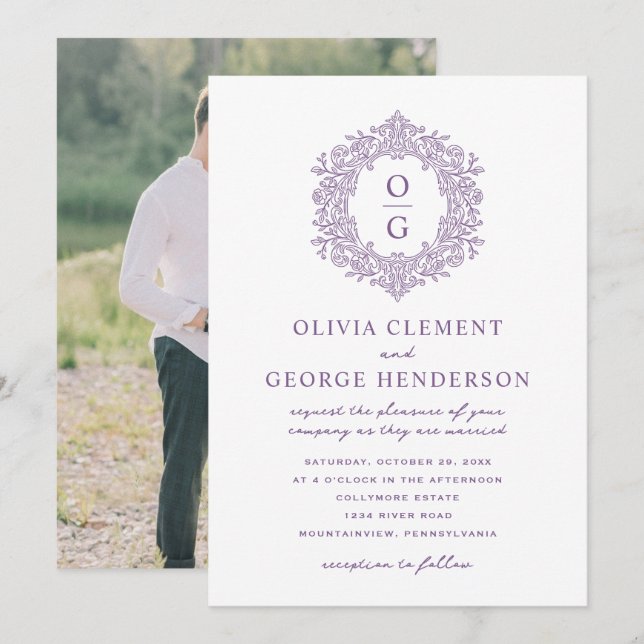 Invitation Mariage Élégant Crête Héritage Violet (Devant / Derrière)