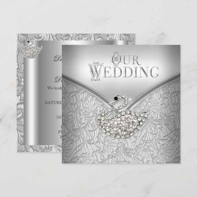 Invitation Mariage Élégant Cygne Blanc Damassé Argent (Devant / Derrière)