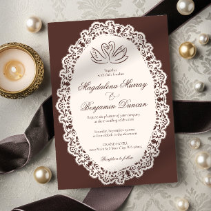 Invitation Mariage élégant cygne marron ivoire vintage