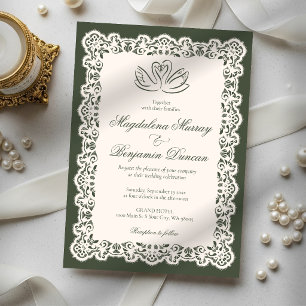 Invitation Mariage élégant cygne vert olive dentelle vintage