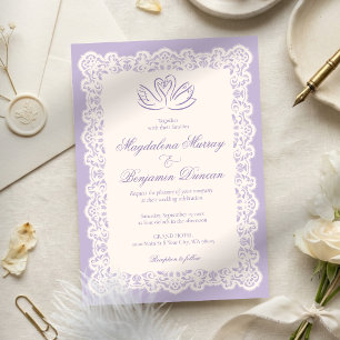 Invitation Mariage élégant cygne violet dentelle ivoire vinta