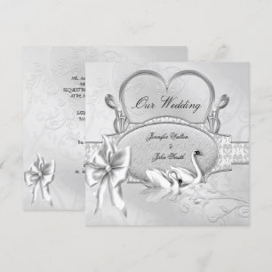 Invitation Mariage Élégant Cygnes Blancs Argent Cœur Arc