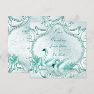 Invitation Mariage Élégant Cygnes Bleu Turquoise Nœud