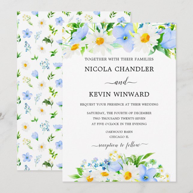 Invitation Mariage Élégant Daisy et Ne m'oubliez pas (Devant / Derrière)