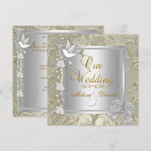 Invitation Mariage élégant damas or argent blanc colombe