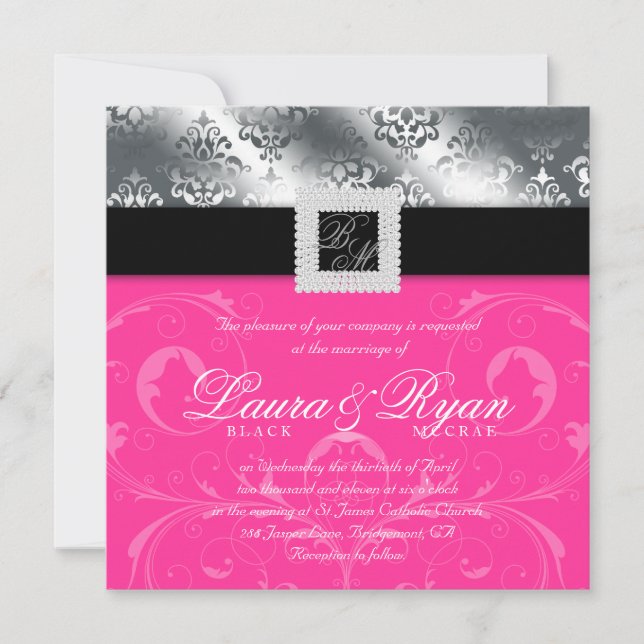 Invitation Mariage élégant Damask Jewel rose Argent (Devant)