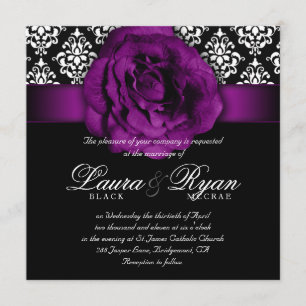 Invitation Mariage élégant Damask violet Rose noir blanc