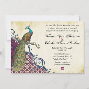 Invitation Mariage élégant damassé paon bleu marine et baie