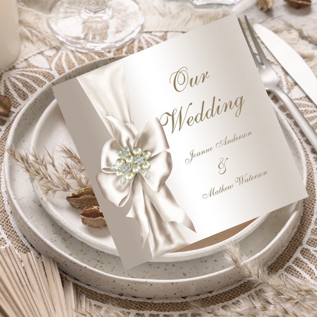Invitation Mariage élégant damassé perle crème blanc noeud (Créateur téléchargé)