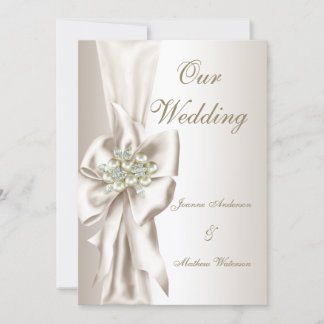 Invitation Mariage Élégant Damassé Perle Crème Blanche Noeud 