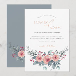 Invitation Mariage Élégant dans un Jardin de Roses Bleu Pouss