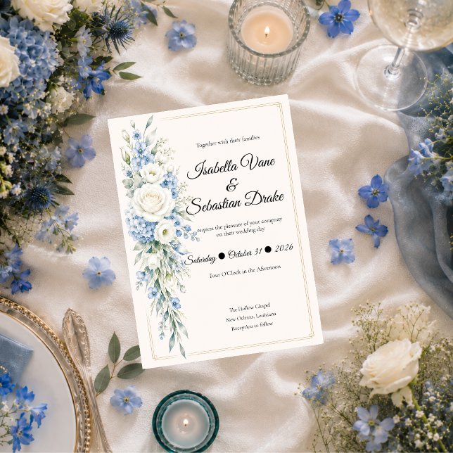 Invitation Mariage Élégant dans un Thème de Fleurs Bleu Pouss (Créateur téléchargé)
