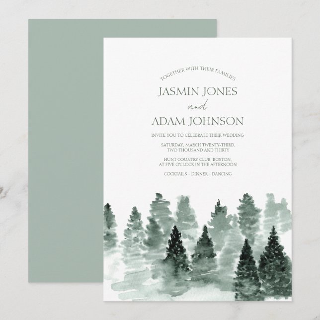 Invitation Mariage Élégant dans une Forêt de Pins à l'Aquarel (Devant / Derrière)