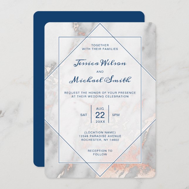 Invitation Mariage élégant de bleu marine d'or de marbre (Devant / Derrière)
