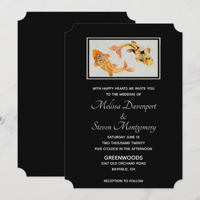 Invitation Mariage élégant de carpes koï or (Devant / Derrière)