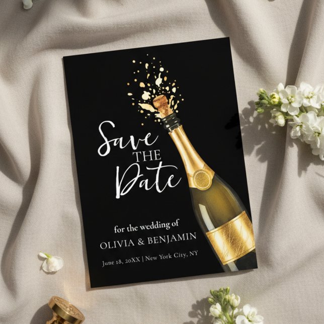 Invitation Mariage Élégant de Champagne Save the Date (An elegant black and gold Save the Date design featuring a popping champagne bottle)