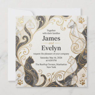 Invitation Mariage Élégant de Chat en Marbre