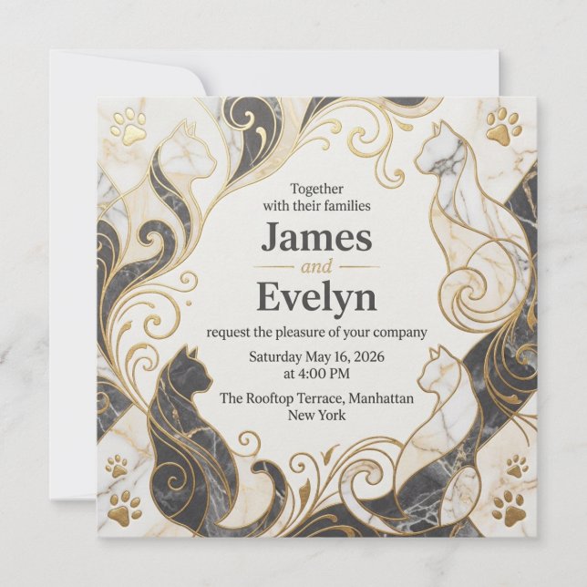 Invitation Mariage Élégant de Chat en Marbre (Devant)
