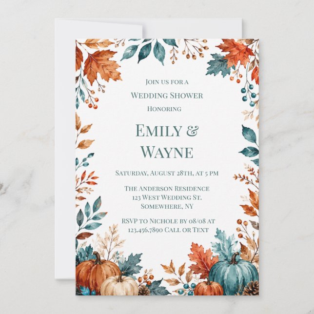 Invitation Mariage élégant de citrouilles rouille et sarcelle (Devant)
