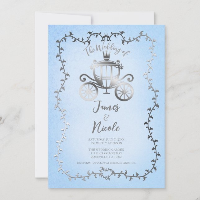 Invitation Mariage élégant de conte de fée bleu avec calèche  (Devant)